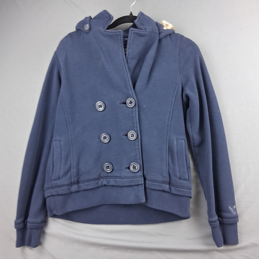 American Eagle Navy Blue Double Breasted Faux Fur Hooded Eagle Fleece Jacket L/G